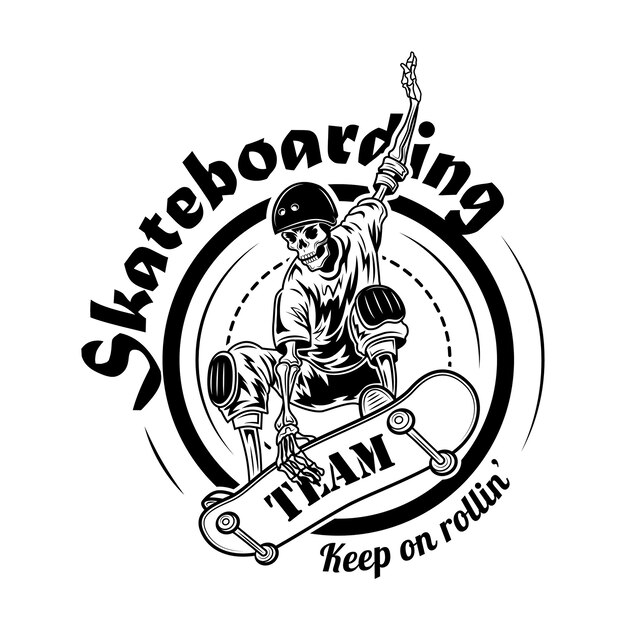 Skateboarding team symbol vector illustration. Skeleton in helmet on skateboard in jump and text