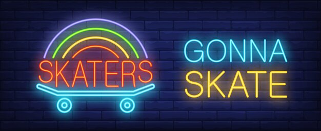 Skater gonna skate neon sign. Skateboard with rainbow on it on dark brick wall.