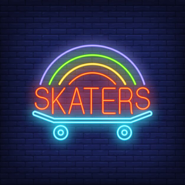 Skaters neon word on skateboard logo. Neon sign, night bright advertisement