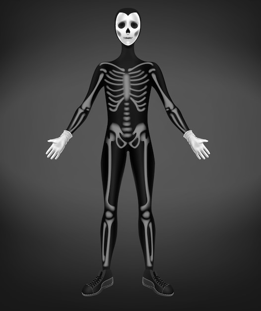 Skeleton or death costume for Halloween party isolated on black background.