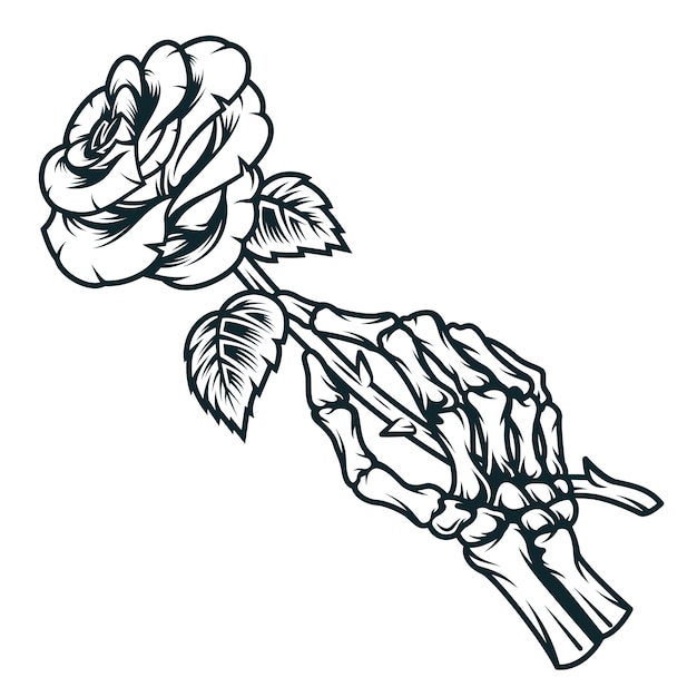 Skeleton hand holding rose flower