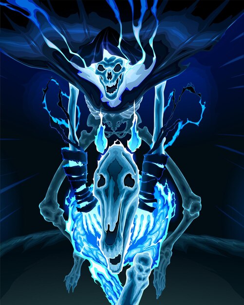 Skeleton is riding a ghost horse. Vector horror illustration