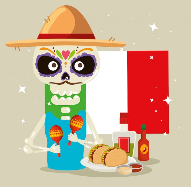 Skeleton man with mexico man and tacos