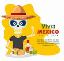 Free vector skeleton man with tacos and tequila to celebration event