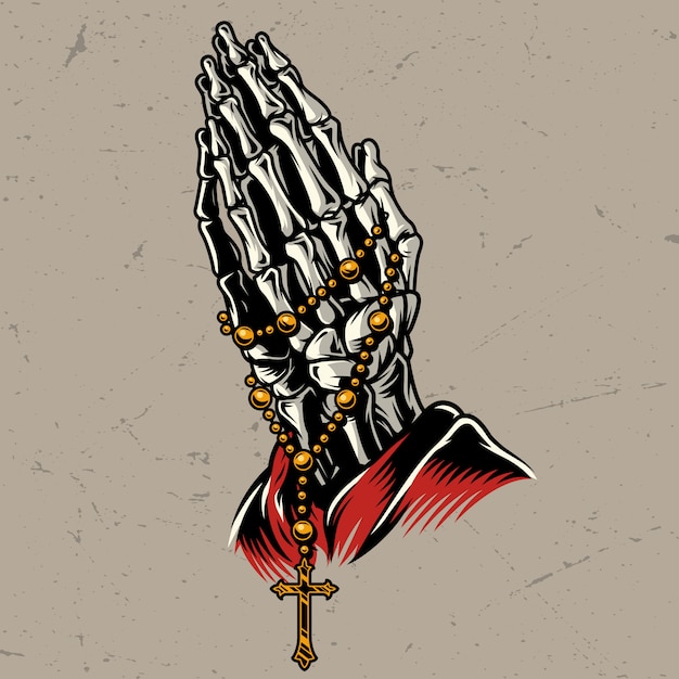 Skeleton praying hands with rosary