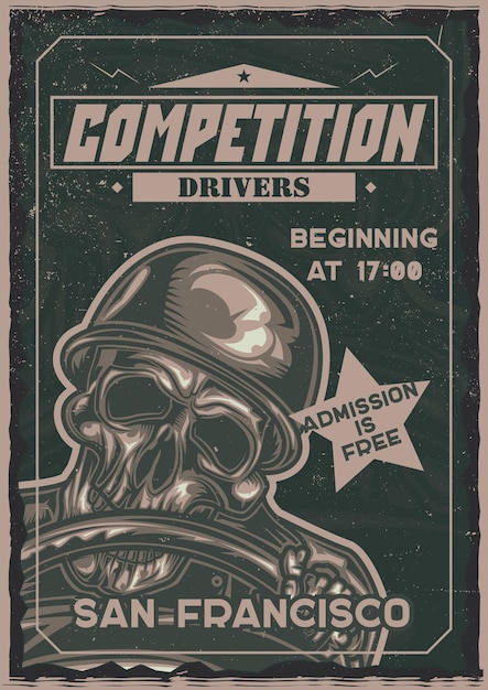 Free vector skeleton behind the steering wheel illustration poster