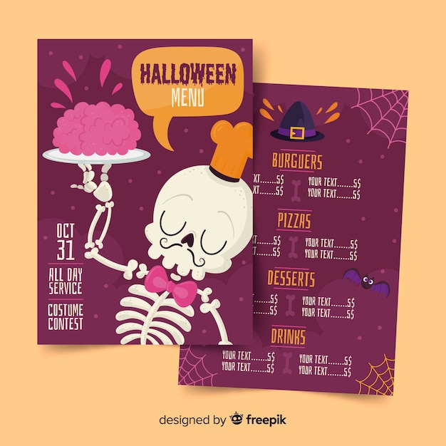 Скелет официанта с мозгами на тарелке хэллоуин меню