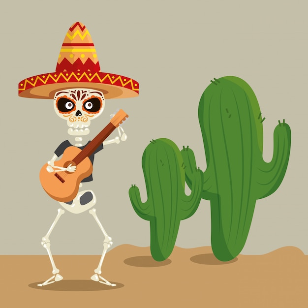 Free vector skeleton wearing hat with guitar to celebrate event