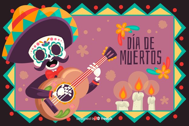 Skeleton with guitar and sombrero background