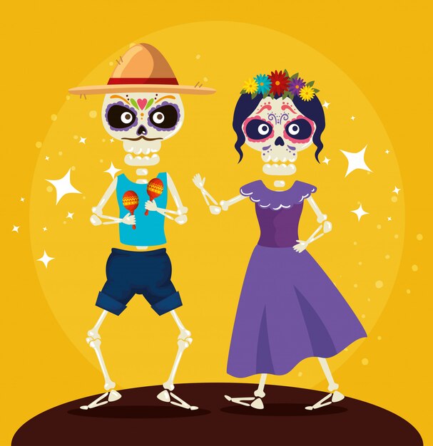 Skeleton with hat dancing with catrina