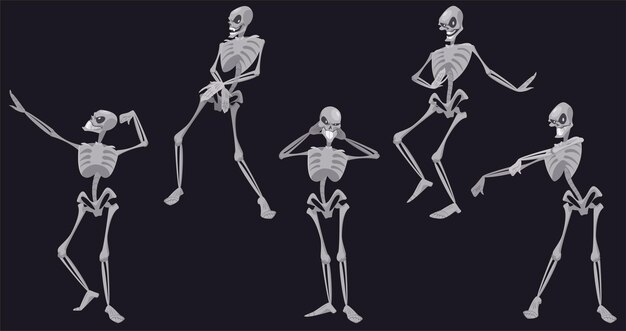 Skeletons dance, funny Halloween or Mexican Dia de Los Muertos dead characters dancing, skulls and bones moving body at music rhythm, disco party, human anatomical Cartoon vector illustration, set