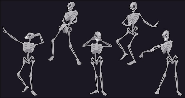 スケルトンダンス、面白いハロウィーンまたはメキシコのディアデロスムエルトス死んだキャラクターのダンス、音楽のリズムで体を動かす頭蓋骨と骨、ディスコパーティー、人間の解剖学的漫画のベクトルイラスト、セット