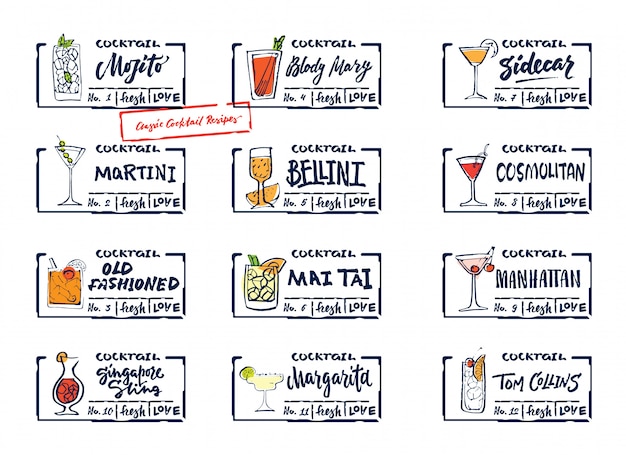 Sketch alcohol drinks labels set