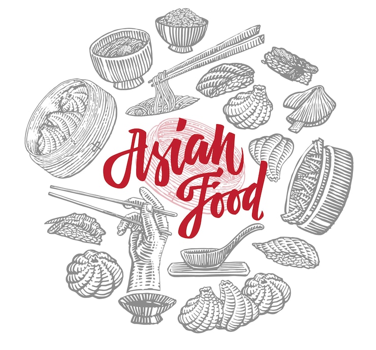 Free Vector sketch asian food elements round composition