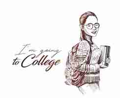 Free vector sketch of beautiful college student holding book on isolated white background