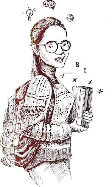 Free vector sketch of beautiful college student holding book on isolated white background