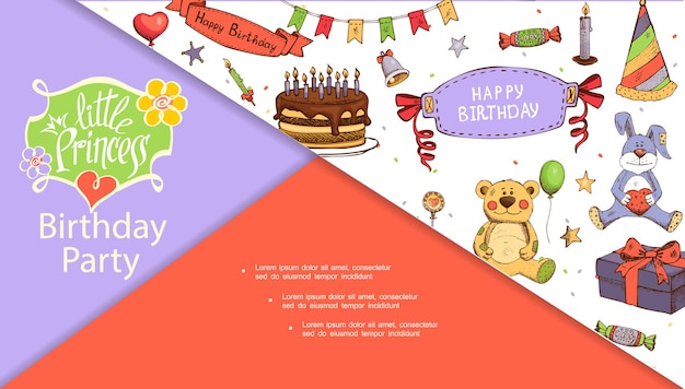 Sketch birthday party concept slide with cake candles candies toys present box cone hat garland bell balloons stars lollipop