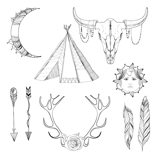 Free vector sketch boho elements set