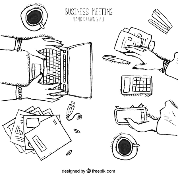 Free vector sketch of business meeting with laptop and mobile