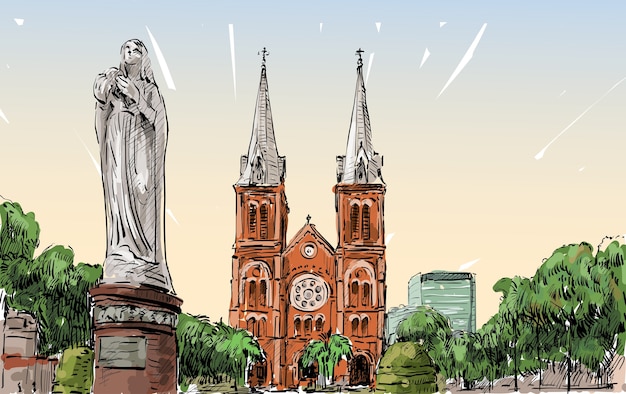 Sketch cityscape of  ho chi minh city show saigon notre-dame cathedral basilica, illustration