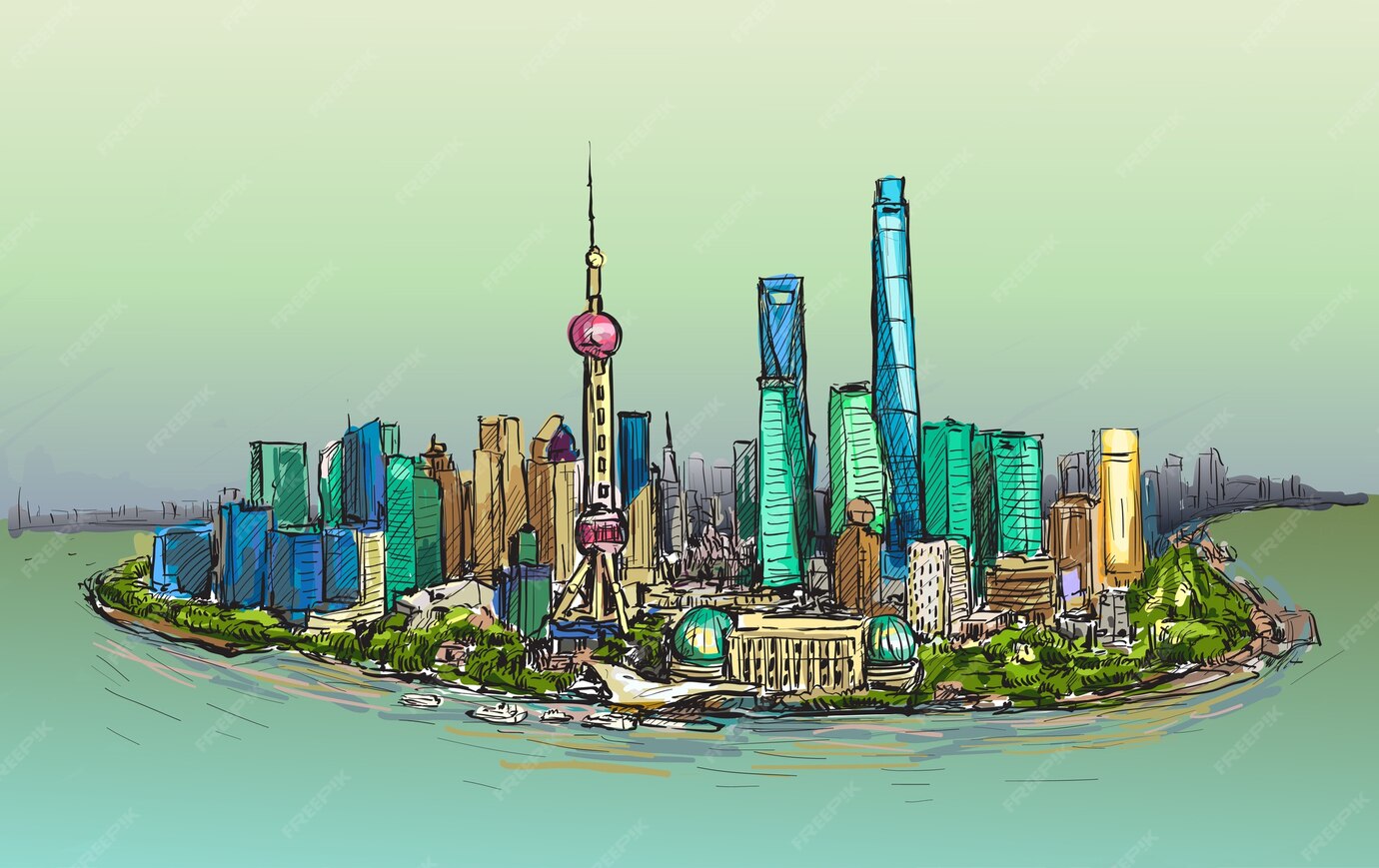 Premium Vector Sketch cityscape of shanghai skyline free hand draw
