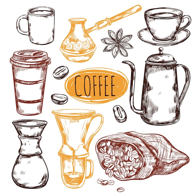 Sketch coffee elements set