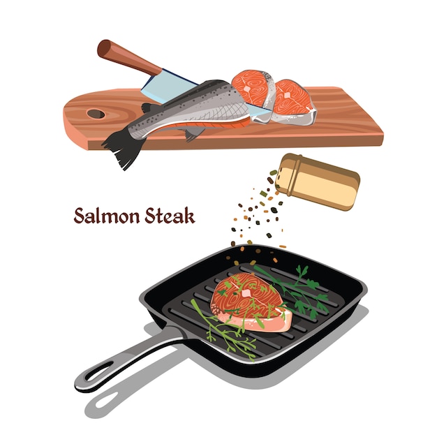 Free vector sketch colorful salmon steak cooking concept