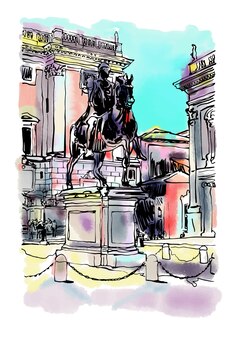 Эскиз цифрового рисунка городского пейзажа рима италия со скульптурой конной статуи и исторической