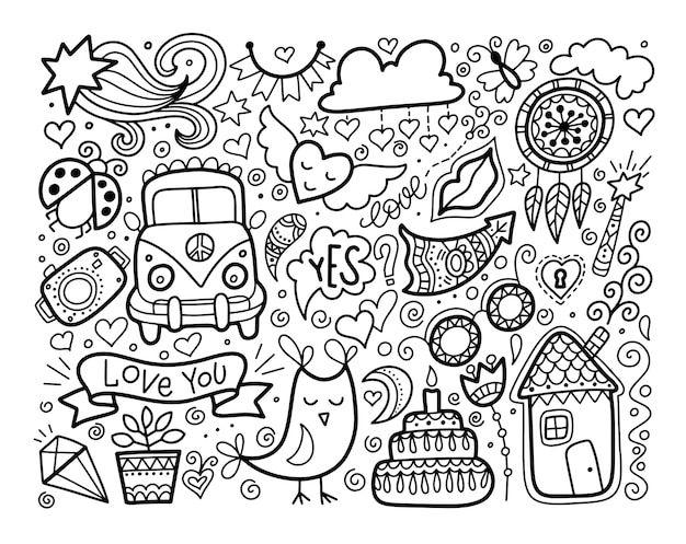 Sketch doodle love set, black and white elements,  collection Premium Vector