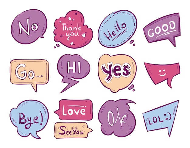 Free vector sketch doodle speech bubble with communication phrases.