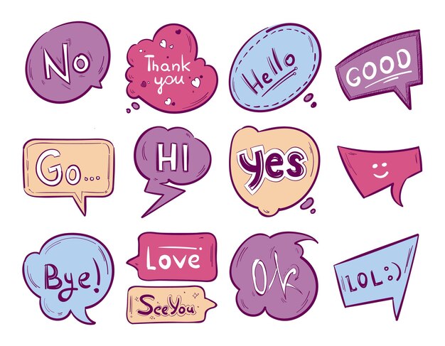 sketch doodle speech bubble with communication phrases.