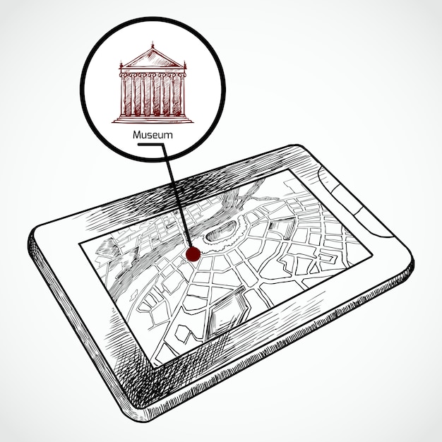 Бесплатное векторное изображение sketch draw планшетный пк с навигационной картой