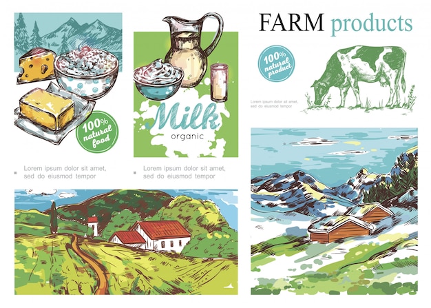 乳製品の牛の夏と冬の田園風景で農場のカラフルな構成をスケッチする