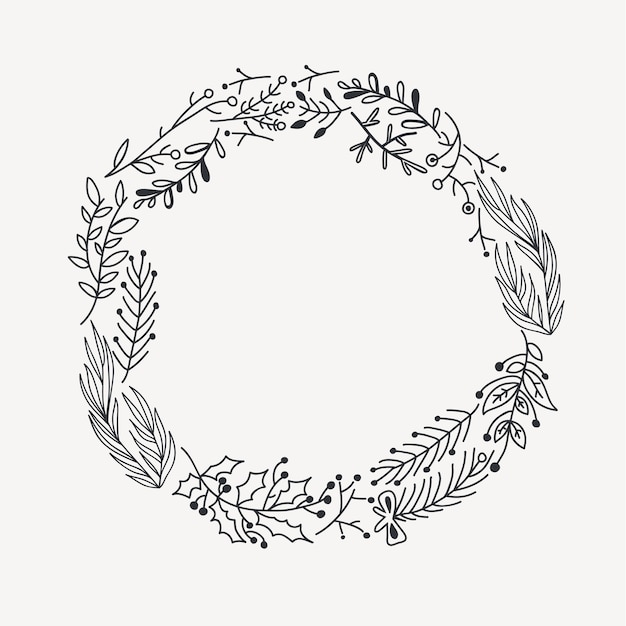 Sketch festive Christmas round wreath with tree branches twigs and holly berry illustration