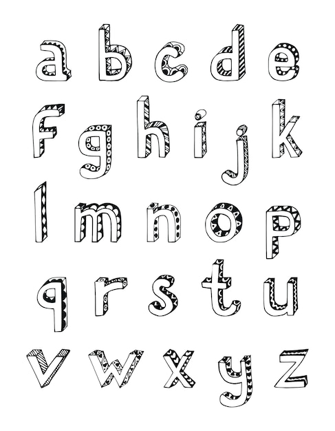 Sketch hand drawn 3d alphabet of small lower case letters isolated vector illustration