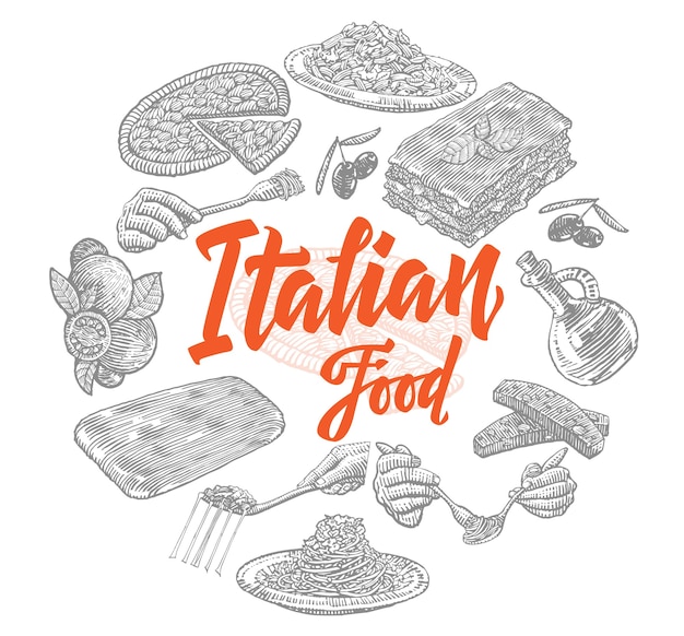 Composizione di elementi di cibo italiano di schizzo