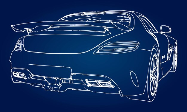 Sketch of a modern sports car on a blue background with a gradient.