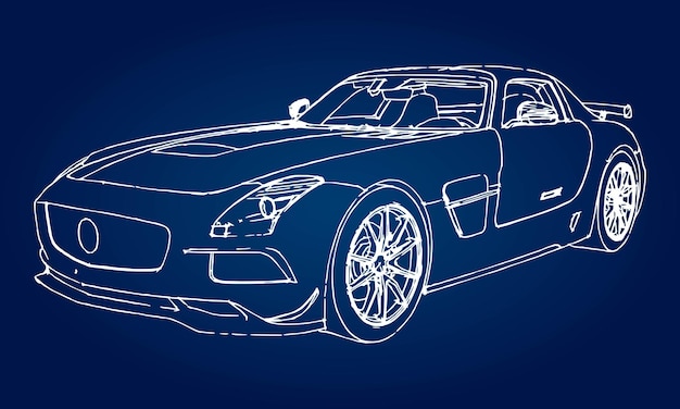 Sketch of a modern sports car on a blue background with a gradient.