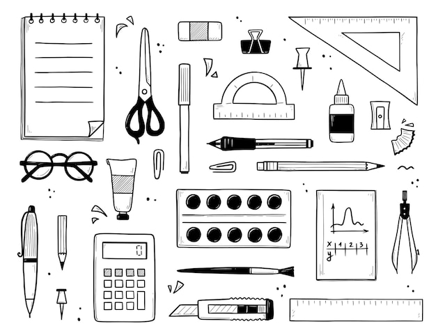 학교 및 사무실 문구의 스케치입니다. 손으로 그린 펜, 연필, 마커, 노트북 및 눈금자. 교육 용품, 학습 책, 가위, 안경, 계산기 및 페인트의 벡터 낙서 세트
