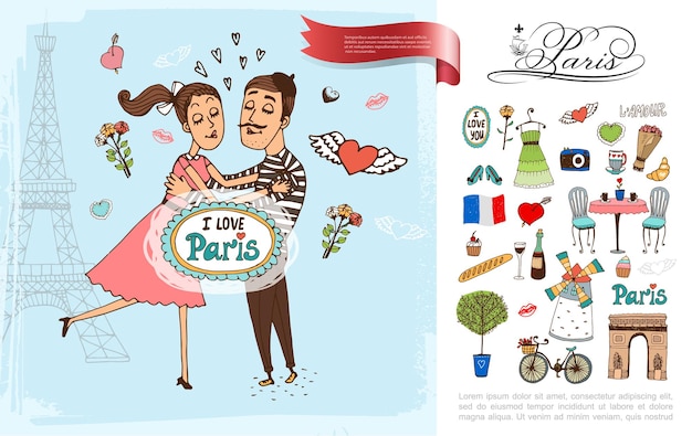 Sketch Paris elements  with couple in love illustration