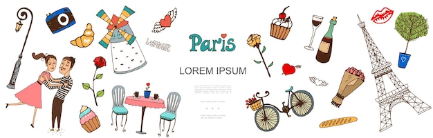 Free vector sketch paris elements with couple in love illustration