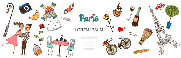 Эскиз Парижские элементы с влюбленной парой иллюстрации