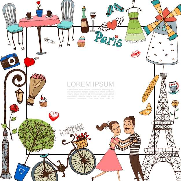 Sketch paris elements with couple in love illustration