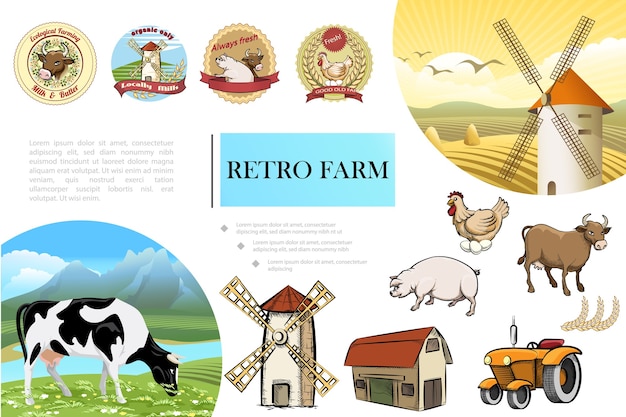 Бесплатное векторное изображение Эскиз композиции ретро фермы