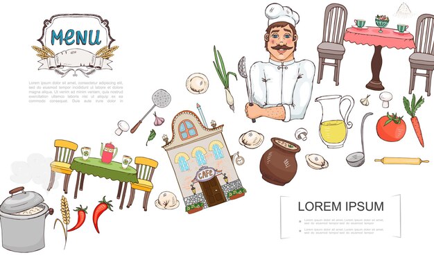 Sketch Russian cuisine elements concept with chef cafe building vegetables wheat ear dumplings ladle mushrooms juice table chairs cups candies   illustration