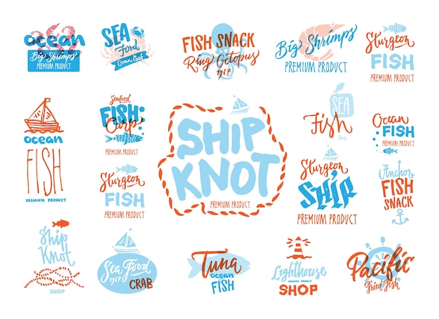 Free vector sketch seafood premium logotypes set with handwritten inscriptions different marine animals