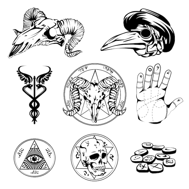 Free vector sketch set of esoteric symbols and occult attributes