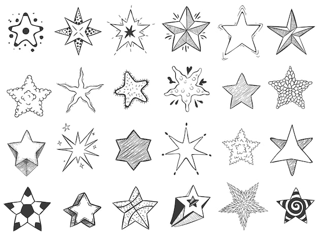 Sketch stars. Doodle star shape, cute hand drawn starburst and rating stars