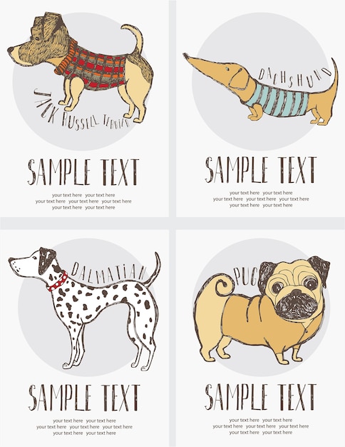 Free vector sketch-style drawing of the dogs cards set