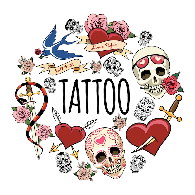 Free vector sketch tattoo symbols round concept with different human and sugar skulls swallow snake around sword rose flowers pierced hearts  illustration,